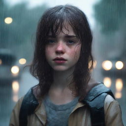 A teenage white girl with shoulder-length wavy brown hair, bangs, freckles on her face, and brown eyes, standing in a rainy environment