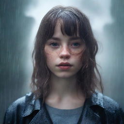 A 17-year-old white girl with shoulder-length wavy brown hair, bangs, freckles on her face, and brown eyes, standing in a rainy environment