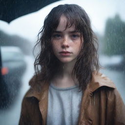 A 17-year-old white girl with shoulder-length wavy brown hair, bangs, freckles on her face, and brown eyes, standing in a rainy environment