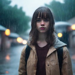 A 17-year-old white girl with shoulder-length wavy brown hair, bangs, freckles on her face, and brown eyes, standing in a rainy environment