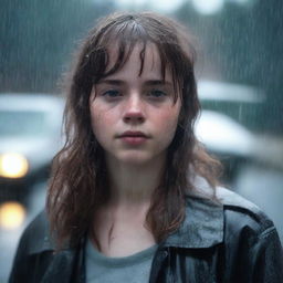 A 17-year-old white girl with shoulder-length wavy brown hair, bangs, freckles on her face, and brown eyes, standing in a rainy environment