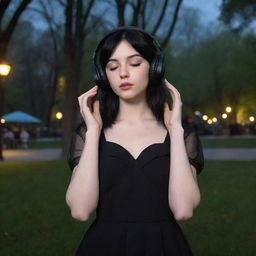 A pale-skinned girl with jet-black hair, dressed in a matching black dress, engrossed in listening to music on her headphones, surrounded by the enticing mystery of a dimly lit park.