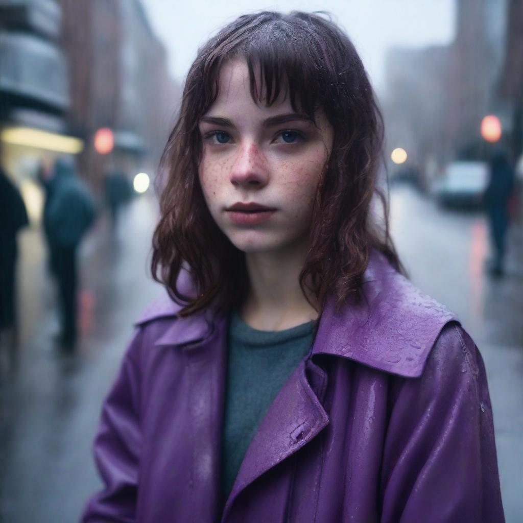 A 17-year-old white girl with shoulder-length wavy brown hair, bangs, freckles on her face, and brown eyes, wearing a purple coat, standing in a rainy environment