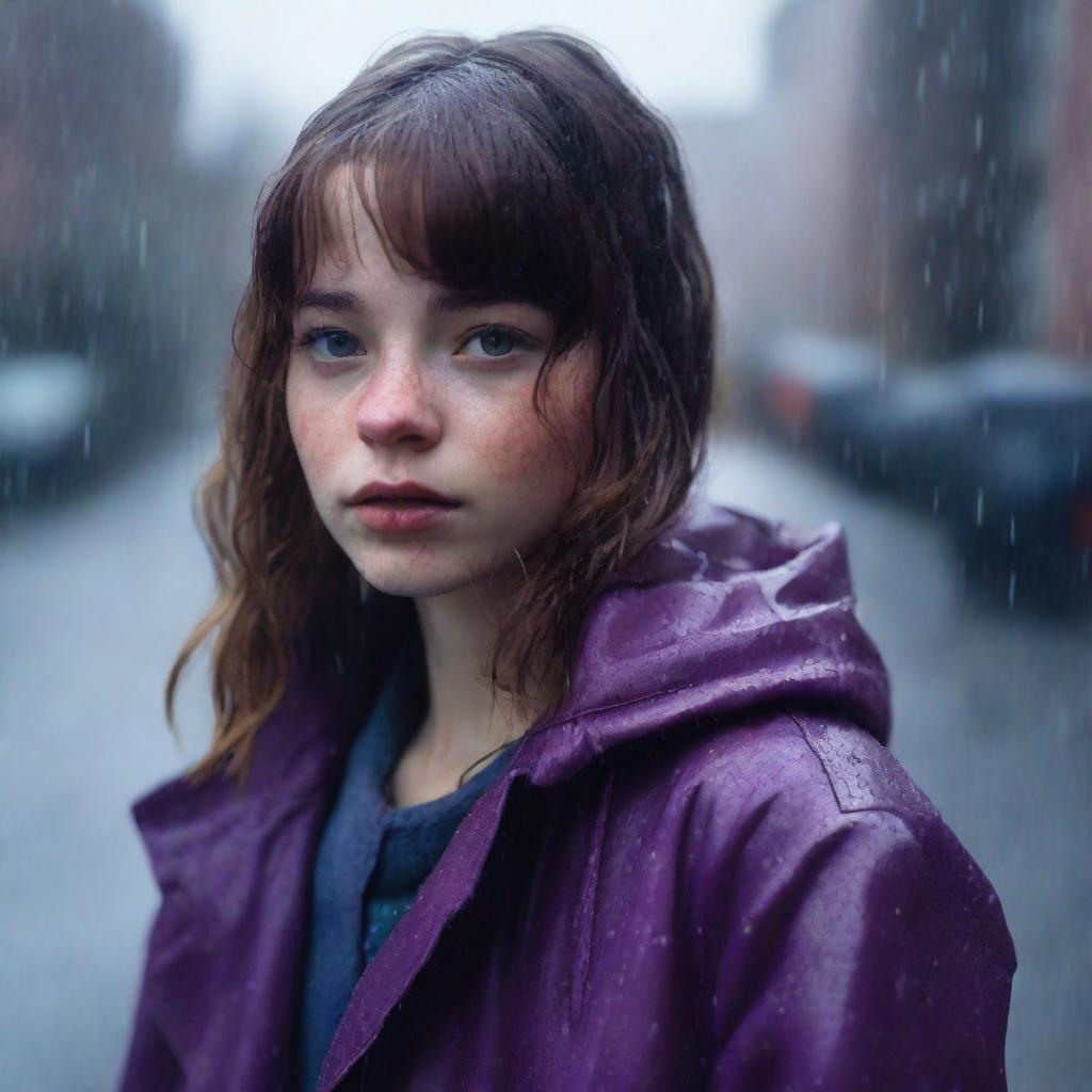 A 17-year-old white girl with shoulder-length wavy brown hair, bangs, freckles on her face, and brown eyes, wearing a purple coat, standing in a rainy environment