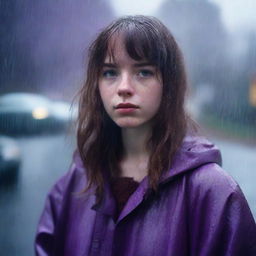 A 17-year-old white girl with shoulder-length wavy brown hair, bangs, freckles on her face, and brown eyes, wearing a purple coat, standing in a rainy environment