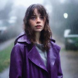 A 17-year-old white girl with shoulder-length wavy brown hair, bangs, freckles on her face, and brown eyes, wearing a purple coat, standing in a rainy environment