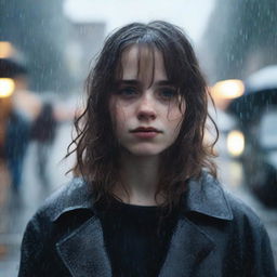 A 17-year-old white girl with shoulder-length wavy brown hair, bangs, freckles on her face, and brown eyes, wearing a black coat, standing in a rainy environment