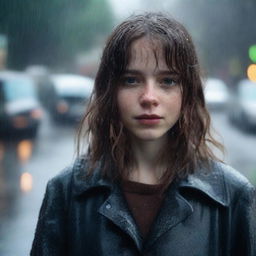 A 17-year-old white girl with shoulder-length wavy brown hair, bangs, freckles on her face, and brown eyes, wearing a black coat, standing in a rainy environment