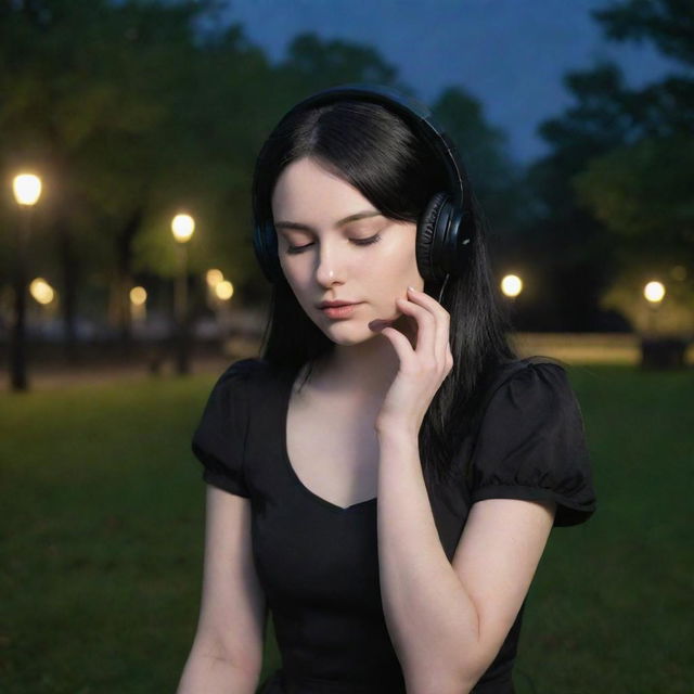 A pale-skinned girl with jet-black hair, dressed in a matching black dress, engrossed in listening to music on her headphones, surrounded by the enticing mystery of a dimly lit park.