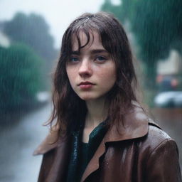 A 17-year-old white girl with shoulder-length wavy brown hair, bangs, freckles on her face, and brown eyes, wearing a black coat, standing in a rainy environment