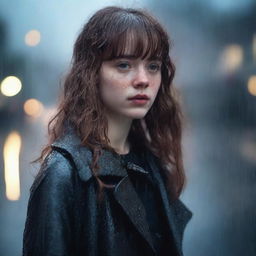 A 17-year-old white girl with shoulder-length wavy brown hair, bangs, freckles on her face, and brown eyes, wearing a black coat, standing in a rainy environment