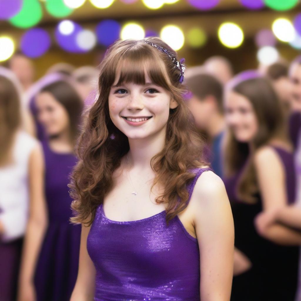 A 17-year-old white girl with shoulder-length wavy brown hair, bangs, freckles on her face, and brown eyes, wearing a purple dress, attending a school dance