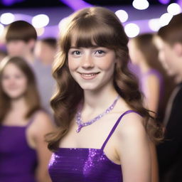 A 17-year-old white girl with shoulder-length wavy brown hair, bangs, freckles on her face, and brown eyes, wearing a purple dress, attending a school dance