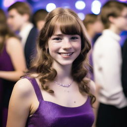 A 17-year-old white girl with shoulder-length wavy brown hair, bangs, freckles on her face, and brown eyes, wearing a purple dress, attending a school dance