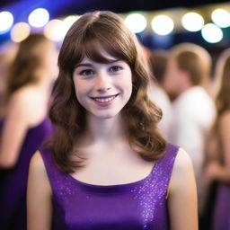 A 17-year-old white girl with shoulder-length wavy brown hair, bangs, freckles on her face, and brown eyes, wearing a purple dress, attending a school dance