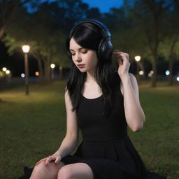 A pale-skinned girl with jet-black hair, dressed in a matching black dress, engrossed in listening to music on her headphones, surrounded by the enticing mystery of a dimly lit park.