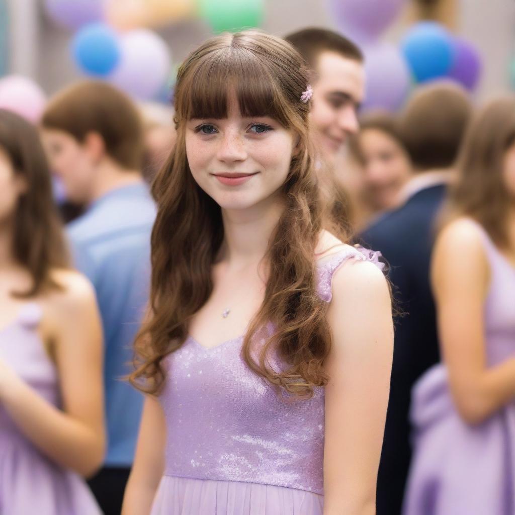 A 17-year-old white girl with shoulder-length wavy brown hair, bangs, freckles on her face, and brown eyes, wearing a shiny pastel purple dress, attending a school dance