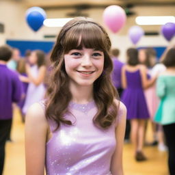 A 17-year-old white girl with shoulder-length wavy brown hair, bangs, freckles on her face, and brown eyes, wearing a shiny pastel purple dress, attending a school dance