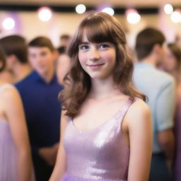 A 17-year-old white girl with shoulder-length wavy brown hair, bangs, freckles on her face, and brown eyes, wearing a shiny pastel purple dress, attending a school dance