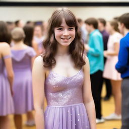 A 17-year-old white girl with shoulder-length wavy brown hair, bangs, freckles on her face, and brown eyes, wearing a shiny pastel purple dress, attending a school dance