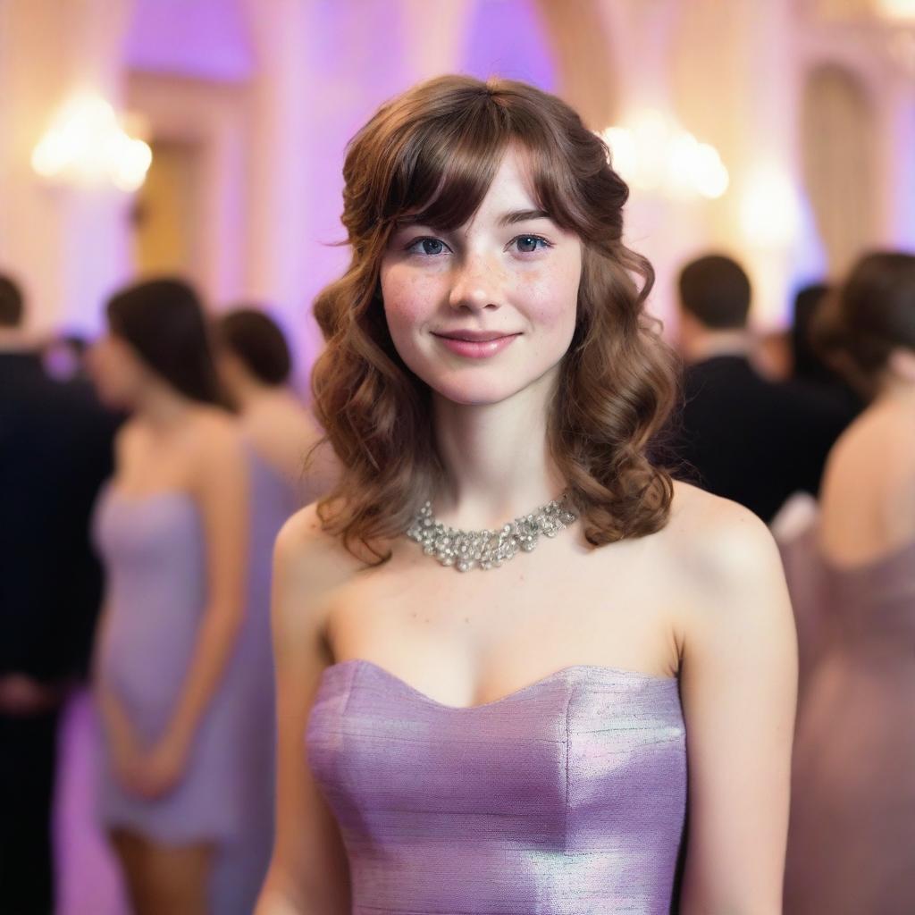 A 17-year-old white girl with shoulder-length wavy brown hair, bangs, freckles on her face, and brown eyes, wearing a shiny pastel purple dress, attending a gala