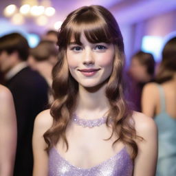 A 17-year-old white girl with shoulder-length wavy brown hair, bangs, freckles on her face, and brown eyes, wearing a shiny pastel purple dress, attending a gala