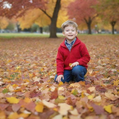 A young boy in a colorful park, playing with autumn leaves.