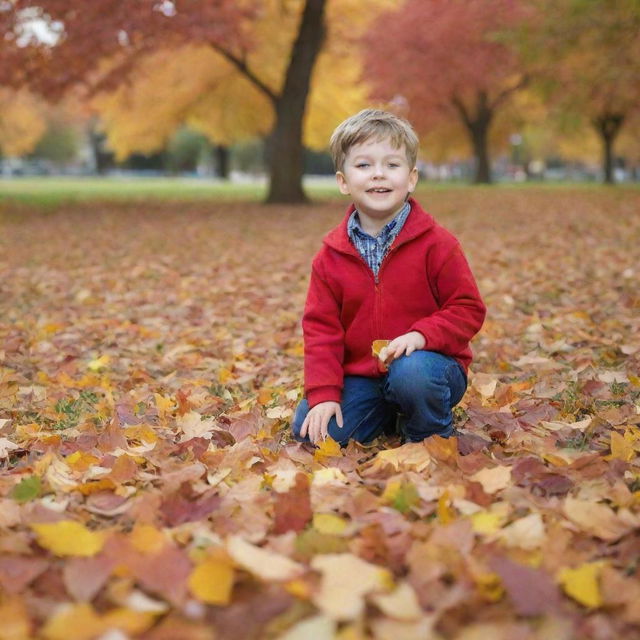 A young boy in a colorful park, playing with autumn leaves.