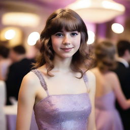 A 17-year-old white girl with shoulder-length wavy brown hair, bangs, freckles on her face, and brown eyes, wearing a shiny pastel purple dress, attending a gala