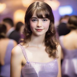 A 17-year-old white girl with shoulder-length wavy brown hair, bangs, freckles on her face, and brown eyes, wearing a shiny pastel purple dress, attending a gala