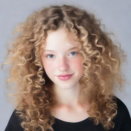 A 17-year-old white girl with curly blonde hair, honey-colored eyes, and rosy lips