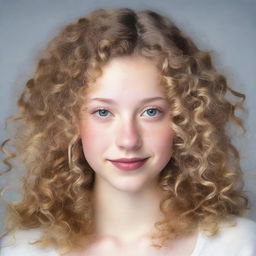 A 17-year-old white girl with curly blonde hair, honey-colored eyes, and rosy lips