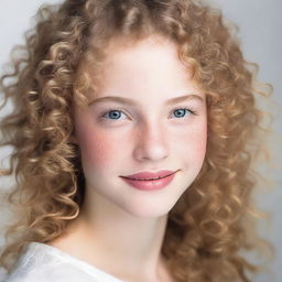 A 17-year-old white girl with curly blonde hair, honey-colored eyes, and rosy lips