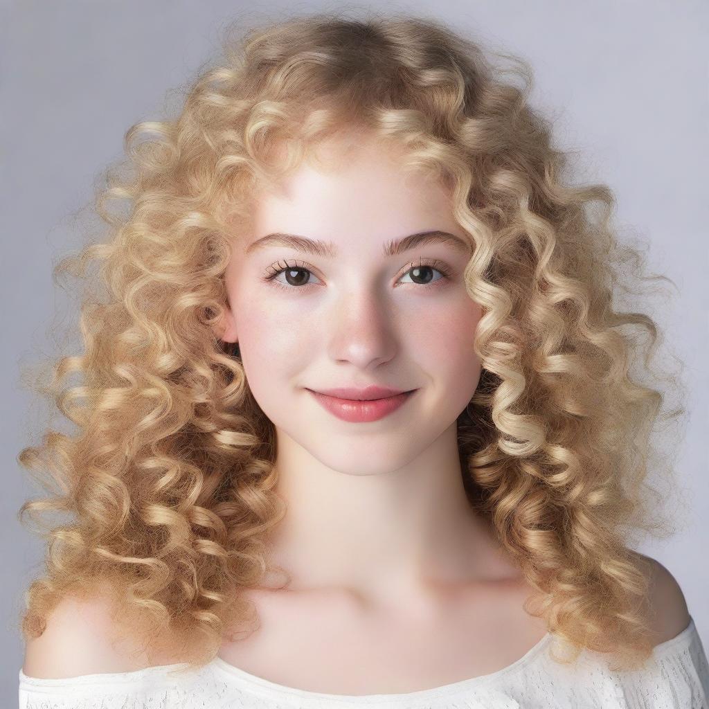 A 17-year-old girl with light blonde curly hair, fair skin, dark brown eyes, and rosy lips