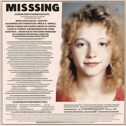 A 17-year-old girl with light blonde curly hair, fair skin, dark brown eyes, and rosy lips, featured on a missing person poster