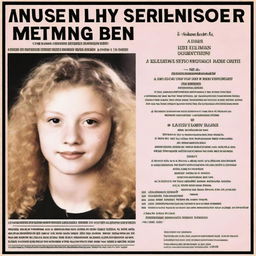 A 17-year-old girl with light blonde curly hair, fair skin, dark brown eyes, and rosy lips, featured on a missing person poster