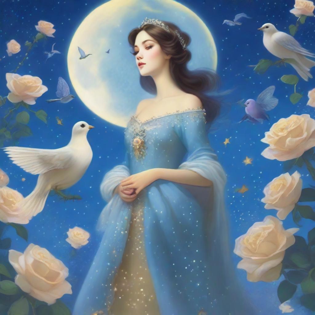 A woman dressed in princess attire stands amidst blue roses