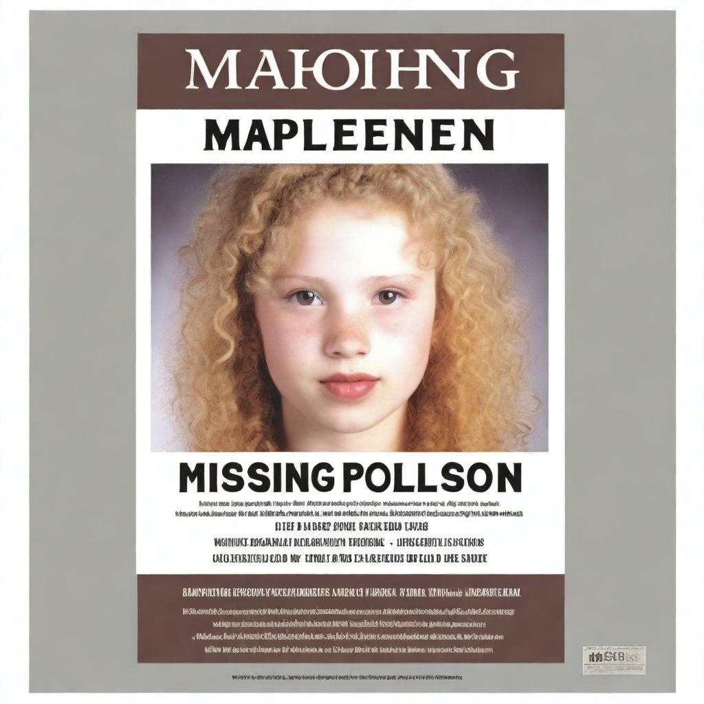 A missing person poster featuring a girl with light blonde curly hair, fair skin, dark brown eyes, and rosy lips