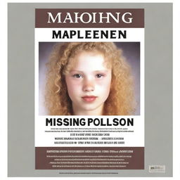 A missing person poster featuring a girl with light blonde curly hair, fair skin, dark brown eyes, and rosy lips