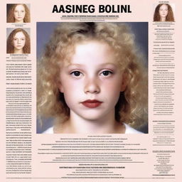 A missing person poster featuring a girl with light blonde curly hair, fair skin, dark brown eyes, and rosy lips