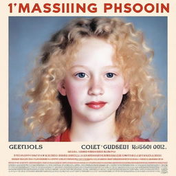 A missing person poster featuring a girl with light blonde curly hair, fair skin, dark brown eyes, and rosy lips