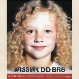 A missing person poster featuring a girl with light blonde curly hair, fair skin, dark brown eyes, and rosy lips