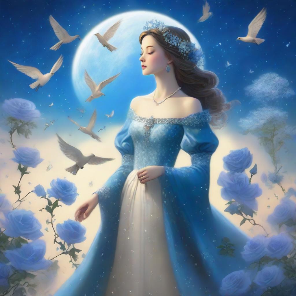 A woman dressed in princess attire stands amidst blue roses