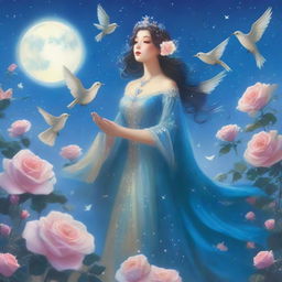 A woman dressed in princess attire stands amidst blue roses