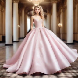 A girl with light blonde curly hair, fair skin, dark brown eyes, and rosy lips wearing a light pink silk ball gown