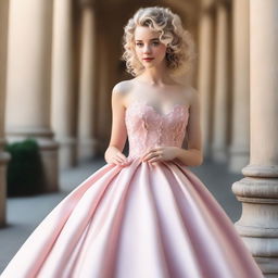 A girl with light blonde curly hair, fair skin, dark brown eyes, and rosy lips wearing a light pink silk ball gown