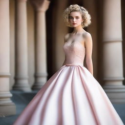 A girl with light blonde curly hair, fair skin, dark brown eyes, and rosy lips wearing a light pink silk ball gown