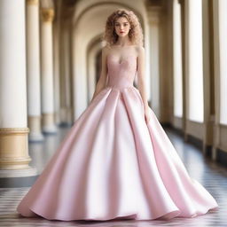 A girl with light blonde curly hair, fair skin, dark brown eyes, and rosy lips wearing a light pink silk ball gown