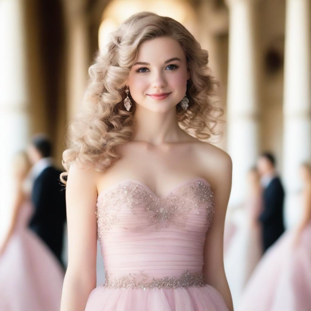 A 17-year-old white girl with light blonde curly hair, dark brown eyes, and rosy lips, wearing a light pink ball gown