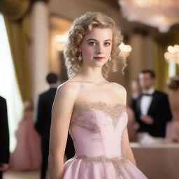 A 17-year-old white girl with light blonde curly hair, dark brown eyes, and rosy lips, wearing a light pink ball gown